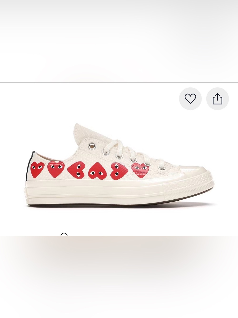 Converse Comme des Garçons Low Top Sneakers with Red Heart Motif on Cream Canvas